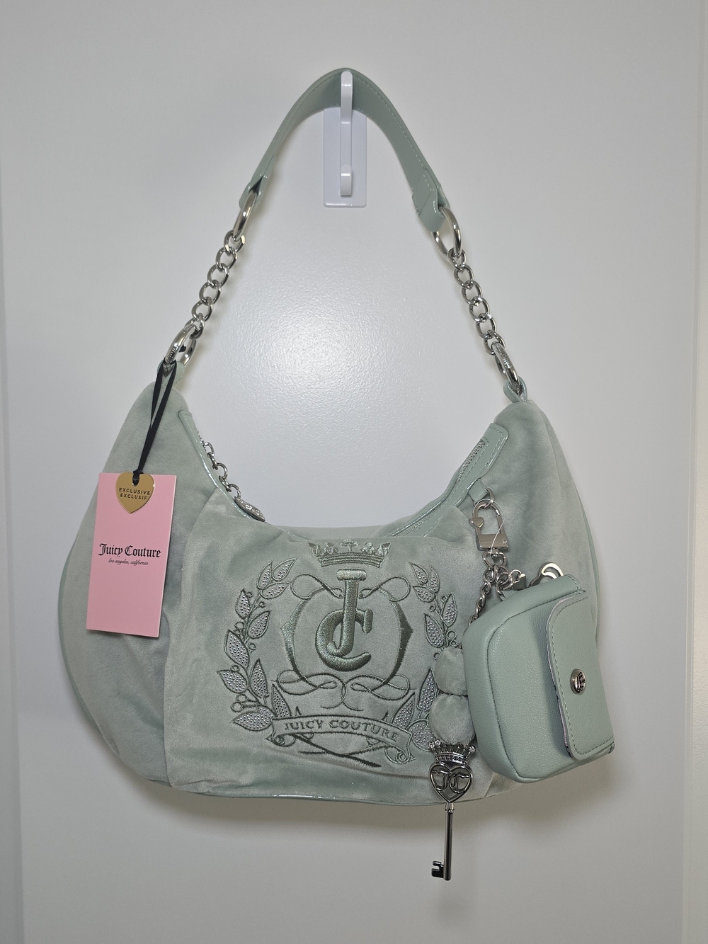 NWT Juicy Couture Frosty Green Sparkle Royal Hobo Bag w/ Charms & Coin Purse